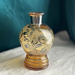 Vintage Bohemian Silver Floral Overlay Amber Glass Beehive Vase